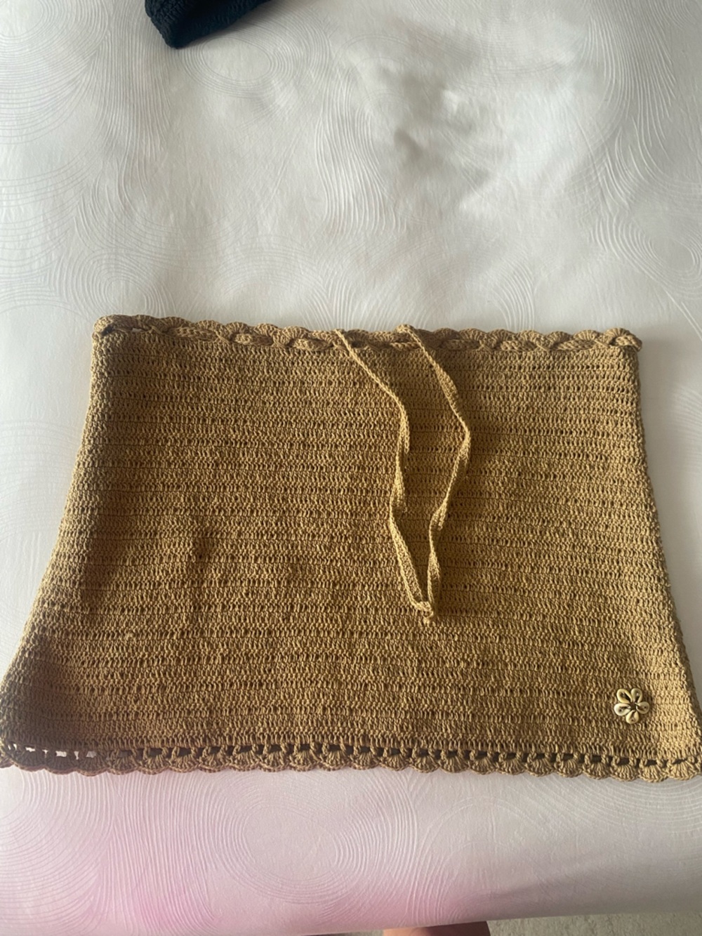 Beachy crochet skirt Vintage 100% cotton tan L/XL puka shells flower detail